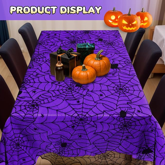 2Pcs Halloween Tablecloths, Black Lace & Purple Lined Rectangular Table Cloth, Spider Web Table Cover for Scary Halloween Decorations Indoor, 54 x 72 Inch-CasaMuseHome