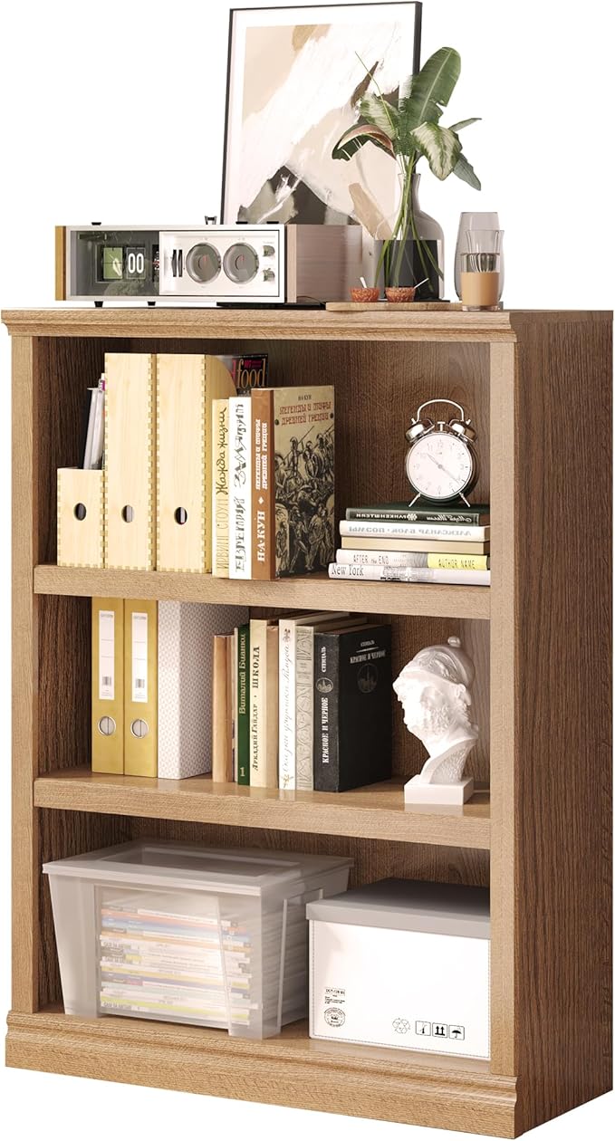43 in Tall Bookcase, 3-Tier Bookshelf Open Storage, 33 inch Wide Floor Standing Indoor Furniture, Book Cases for Home School Library Office Bedroom Kids, Oak 3 Tiers-CasaMuseHome