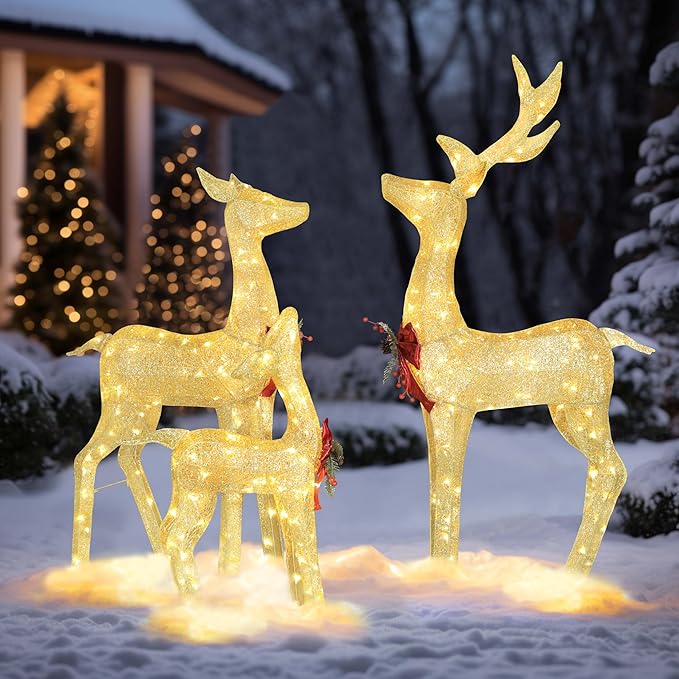 4.5FT Lighted Reindeer Family Set for Christmas Decoration, 3 Pieces Pre-Lit Iridescent Deer with 200 LED Lights, 3D Glittered Standing Holiday Display for Outdoor, Indoor, Golden-CasaMuseHome