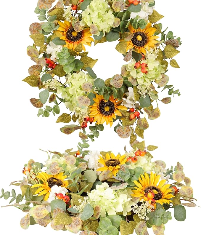 20IN Sunflower Wreath for Front Door Summer Hydrangea Wreath with Eucalyptus Leaves Orange Berries Farmhouse Door Decor for Easter, Mother’s Day, Indoor Outdoor Seasonal Wall Hanging-CasaMuseHome