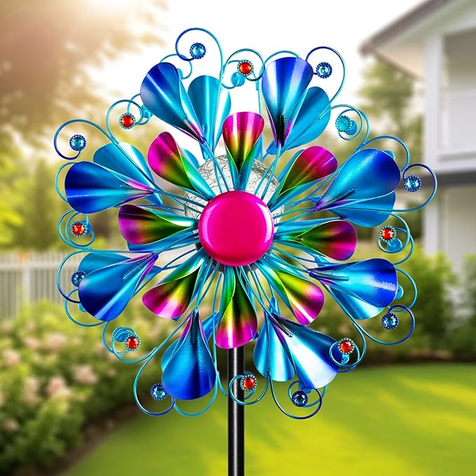 60'' Wind Spinner with Color Glass Ball Solar Lights, Blue Peacock Feathers Metal Garden Outdoor Decor Yard Lawn Art Decor for Patio Kinetic Windmills Unique Gifts for Friends and Family-CasaMuseHome