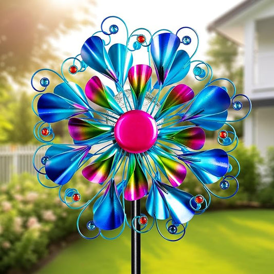 60'' Wind Spinner with Color Glass Ball Solar Lights, Blue Peacock Feathers Metal Garden Outdoor Decor Yard Lawn Art Decor for Patio Kinetic Windmills Unique Gifts for Friends and Family-CasaMuseHome