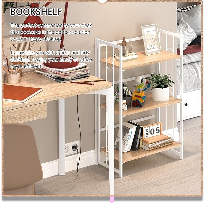 4NM No Assembly 3 Tiers Folding Bookshelf, 35" H Foldable Storage Shelves Vintage Bookcase Standing Racks Study Organizer Home Office - Natural White-CasaMuseHome