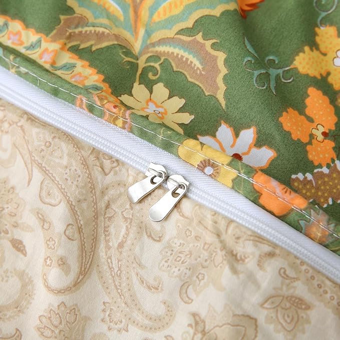 ABREEZE Paisley Bedding Sets 3Pcs Brushed Cotton Duvet Cover Set King Size Rustic Damask Green Floral Comforter Cover with Zipper Closure Boho Bedding Collections-CasaMuseHome