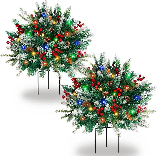 2 Pack Lighted Artificial Christmas Urn Filler, Battery Operated Pre-lit Xmas Pine Trees, Tripod Stake and 60 LED Lights, Holiday Porch Decorations for Porch, Yard, Garden, Flower Beds（Multicolor）-CasaMuseHome