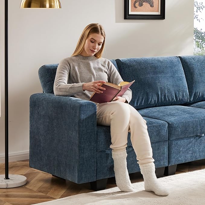 38.5 Oversized Accent Chair with Storage Blue Chenille, Single Modern Accent Sofa Chair with Arms for Apartment Living Room (21" Deep Seat)-CasaMuseHome