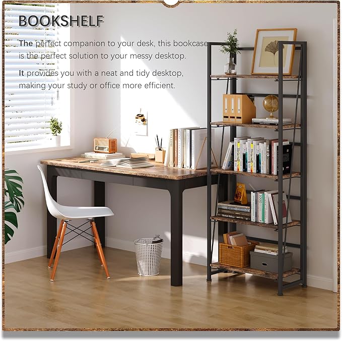 4NM No Assembly Foldable Bookshelf, 5-Shelf Collapsible Bookcase Storage for Small Spaces, 62.2" H, Rustic Brown and Black-CasaMuseHome