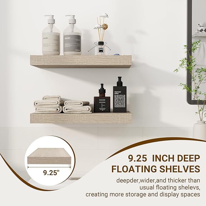 16 Inch Floating Shelves, 3D Textured Wood Grain, 16"x9.25"x1.5" Inch Deep Floating Shelves for Wall, Wooden Shelves for Bathroom, Bedroom, Living Room, Vintage White Oak-CasaMuseHome