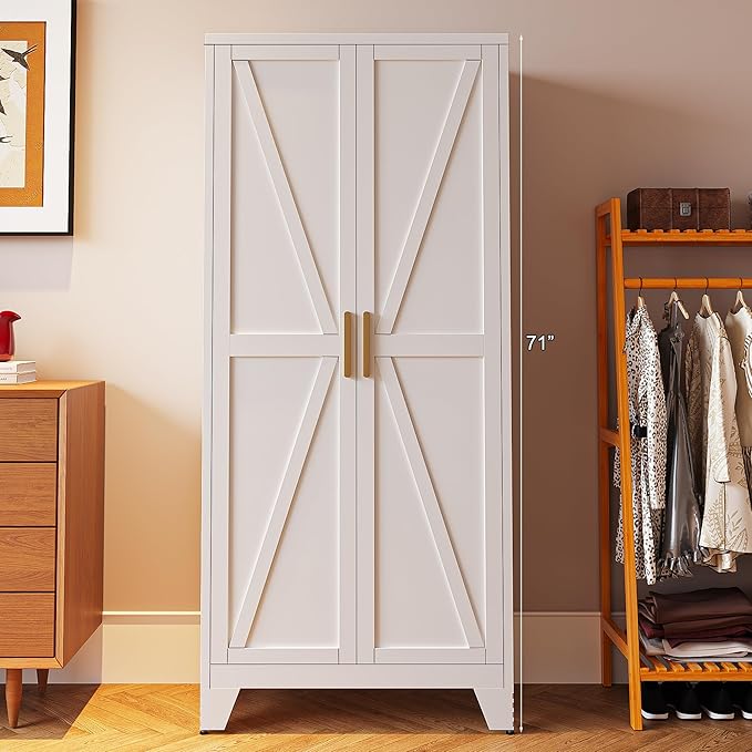 71'' Farmhouse Metal Storage Cabinet with Barn Doors,Steel File Cabinet for Home Office,Kitchen Pantry 4 Adjustable Shelves,Freestanding Cupboard for Kitchen,for Home Office,School (White)-CasaMuseHome