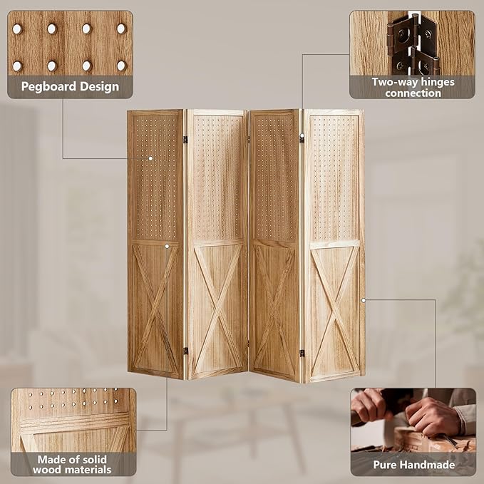 4 Panel Pegboard Wood Room Divider, 5.6Ft Pegboard Display Folding Privacy Screens, Peg Board Display Freestanding for Trade Show Craft Show Home Wall Organizer, Light Brown-CasaMuseHome