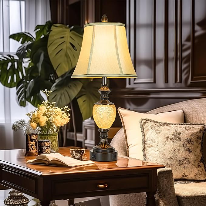 27'' High Vintage Table Lamp Set of 2 for Living Room Farmhouse Bedside Lamp with Fabric Shades Boho Nightstand Lamp with USB and Nightlight for Bedroom Home Office Hotel Bar (Bulb Included)-CasaMuseHome
