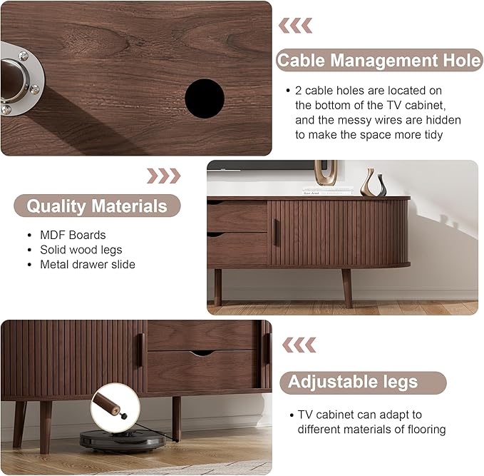 55" Mid Century TV Stand, Fluted TV Stand Fits 32" to 60" TVs. Wood Entertainment Center for Living Room, Farmhouse Modern TV and Media Console Table with Storage, Curved Edge and Sliding Door, Walnut-CasaMuseHome