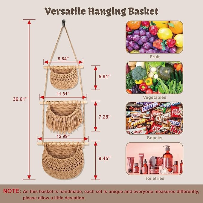 3 Tier Hanging Fruit Basket for Kitchen, Handmade Woven Cotton Hanging Wall Basket for Fruit Vegetable with 6 Hooks, Boho Style Over The Door Organizer for Living Bathroom Bedroom-CasaMuseHome