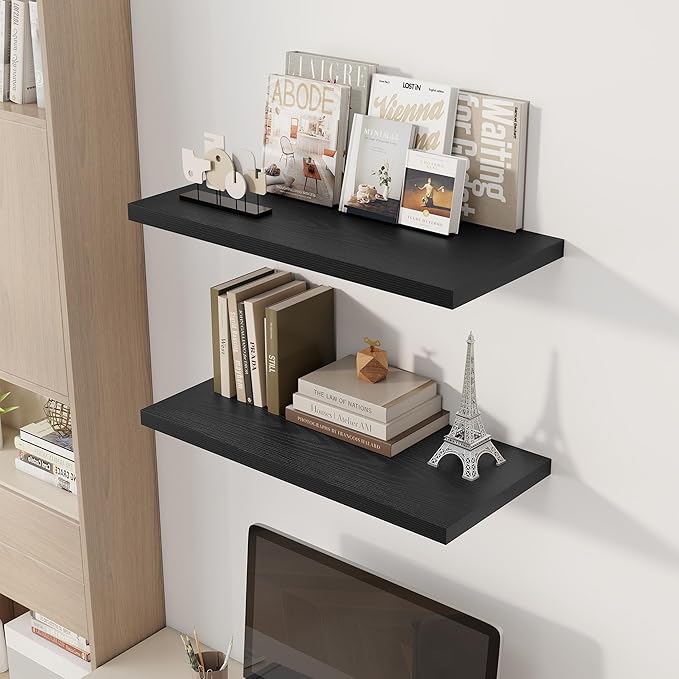 30" Floating Shelves for Wall, 12" Deep Slim Black Floating Shelves, Wall-Mounted Shelves for Bedroom, Living Room, Kitchen, Bathroom - Set of 2-CasaMuseHome