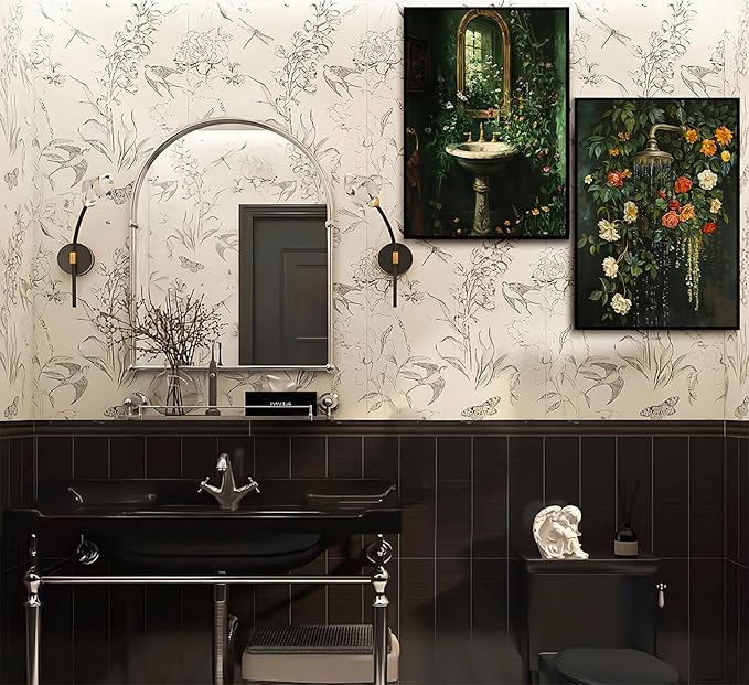 3Pcs Vintage Dark Green Bathroom Wall Art Shower Toilet Paper Roll Floral Poster Print Modern Farmhouse plants Painting Picture Wall Decor For Bathroom Living Room Decoration Unframed-CasaMuseHome