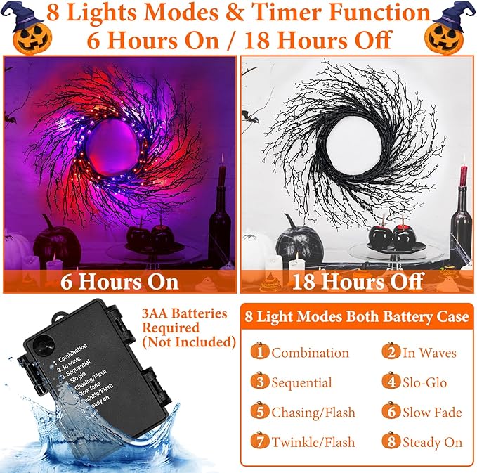 7 Ft Halloween Decorations Willow Vine Twig Garland with 8 Modes Timer 63 LED Orange Purple Lights, Halloween Garland with Waterproof Battery Operated for Wall Fireplace Decorations Indoor Outdoor-CasaMuseHome