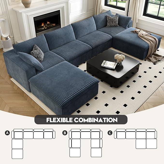157.5" Cloud Couch Oversized Modular Sectional Sofa for Living Room,Modern Sofa with Deep Seat，U-Shape Boneless Couch with 2 Ottoman,Comfy Upholstered Couches for Apartment, Studio, Office,Blue-CasaMuseHome