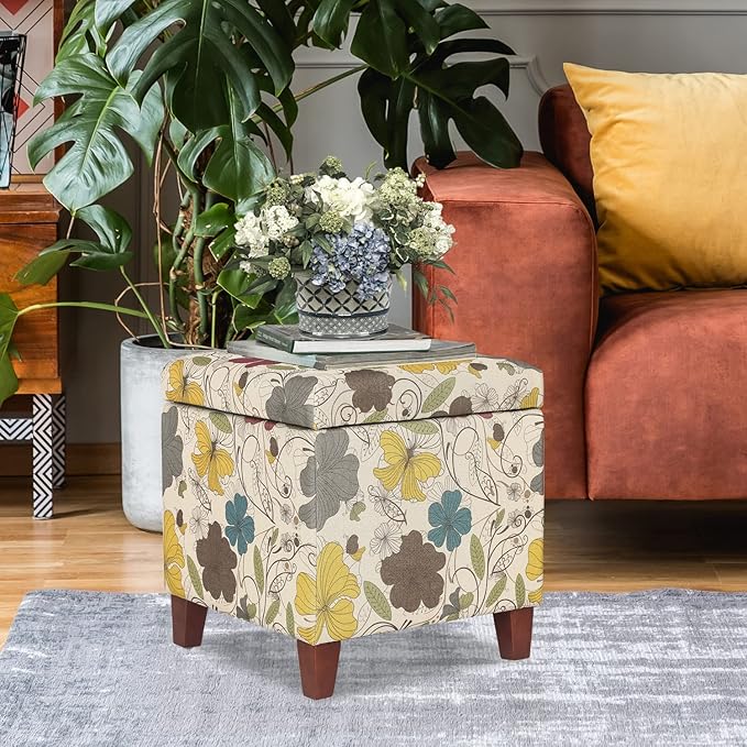Adeco 18 Inch High Cube Ottoman Storage, Floral Printed Linen Chair Foot Stools, Upholstered Vanity Stool with Hinged Lid, Solid Wood Legs-CasaMuseHome