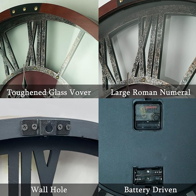 30Inchs Moving Gears Wall Clock, Oversized Wall Clocks, Clock Living Room Decor, Solid Wood Frame, Battery Operated, Large Wall Clock with Steampunk Industrial for Fireplace(Black Walnut)-CasaMuseHome