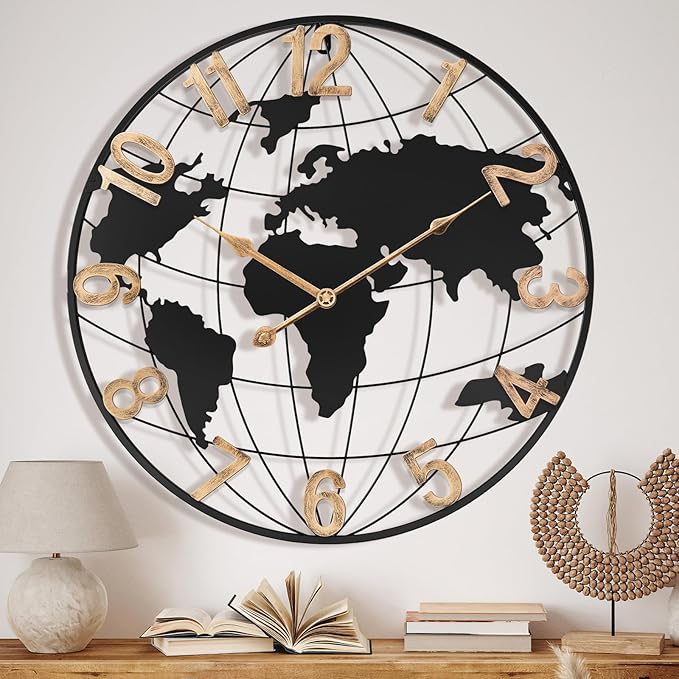 20 Inch Large Wall Clock for Living Room Decor,Big Modern Decorative Silent Metal World Map Wall Clock with Vintage Gold Arabic Numeral for Office,Living Room,Kitchen,Dining Room-CasaMuseHome