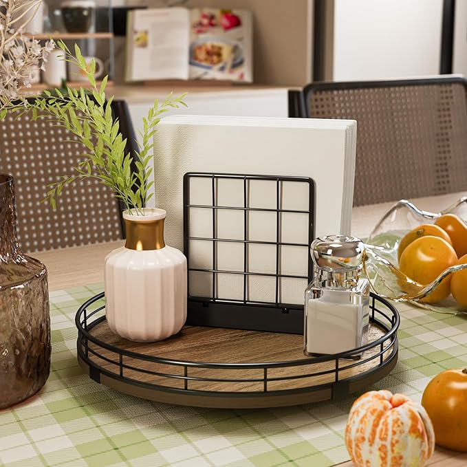 Acacia Wood 10" Lazy Susan Turntable Organizer for Table Top, Farmhouse Round Wooden Lazy Susan for Cabinet Kitchen Centerpieces Coffee Table, for Condiments Spices, Bathroom Vanity Tray Decor-CasaMuseHome