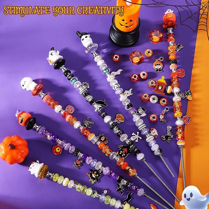 358PCS Halloween Beaded Garden Stakes, DIY Halloween Fairy Wand Garden Stake Decorative Kit with 12 in or 10 in Threaded Rod, Crystal Top, Large Holes Bead, Pendant for Outdoor or Indoor Decoration-CasaMuseHome