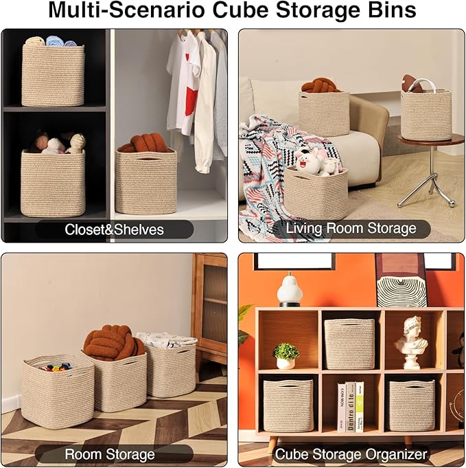 11 Inch Cube Storage Bins, Storage Cube Organizer Bins, Woven Cotton Rope Baskets for Storage, Storage Basket for Organizing Shelves, Square Baskets for Toys Nursery, Brown (Pack of 3)-CasaMuseHome