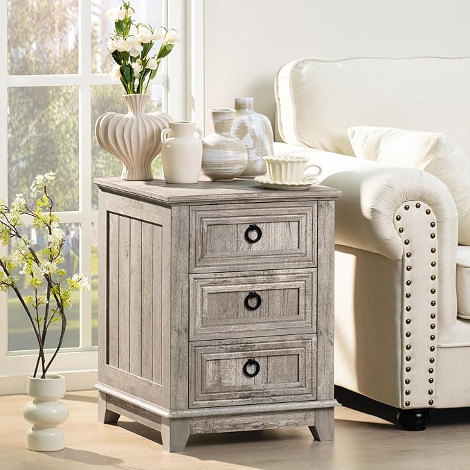 18" Farmhouse Night Stand with 3 Drawers, Wood End Table Dresser for Bedroom, Retro Oak Nightstand, Bed Side Table with Metal Handle, Bedside Cabinet for Bedroom Living Room, Closet-CasaMuseHome