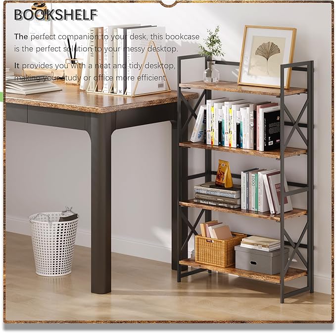 4NM 4 Tiers No Assembly Book Shelves, 41.3" H Folding Bookshelf Bookcase Open Industrial Foldable Shelves for Bedroom, Living Room, Home Office - Rustic Brown Black-CasaMuseHome