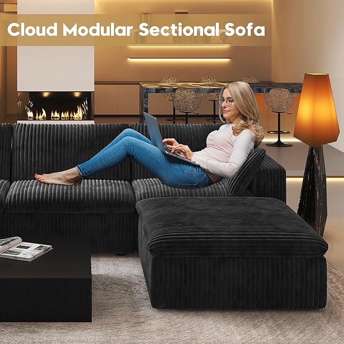 157.5" L Shaped Modern Sofa Modular Sectional Cloud Couch with Ottoman,Deep Seat Upholstered Couches with Corduroy Fabric for Living Room Furniture,Bedroom and Apartment,No Assembly Required,Black-CasaMuseHome