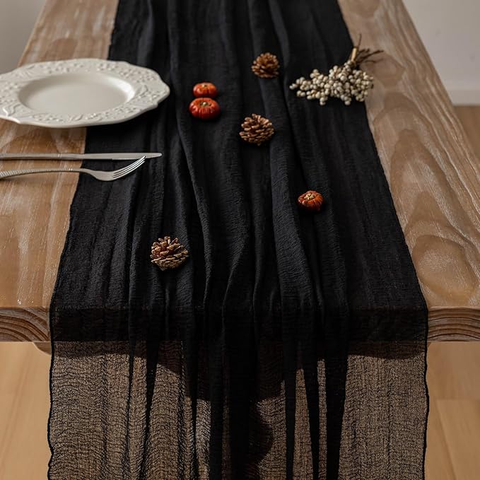 6pcs Halloween Table Runner Black Cheesecloth Gauze Rustic Premium Cotton Cheese Cloth Table Runner 120 Inch 10 FT for Wedding Bridal Baby Shower Long Sheer Boho Christmas Decorations-CasaMuseHome