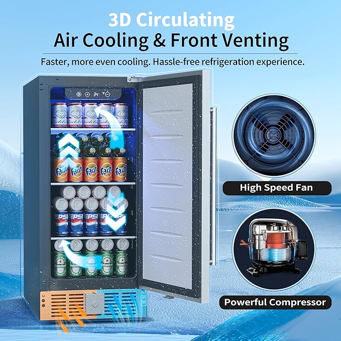15 Inch Undercounter Beverage Refrigerator - 126 Cans Beverage Fridge with Stainless Steel Door for Beer Wine Soda - Built-in or Freestanding Wine Cooler for Home Kitchen Bar-CasaMuseHome