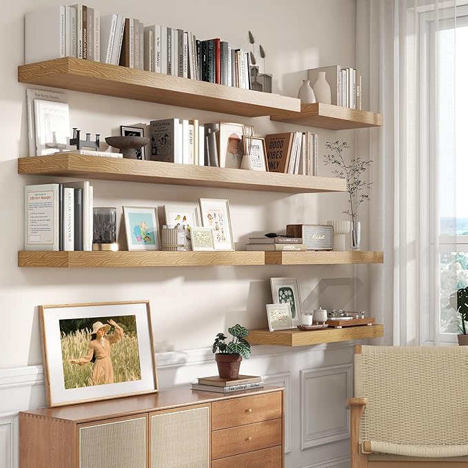 12 Inch Deep Floating Shelves | 30W x 12D Rustic Floating Shelves for Wall Set of 2 | Oak Shelves for Living Room Bathroom Laundry Room Bedroom Kitchen Home Office - Oak-CasaMuseHome
