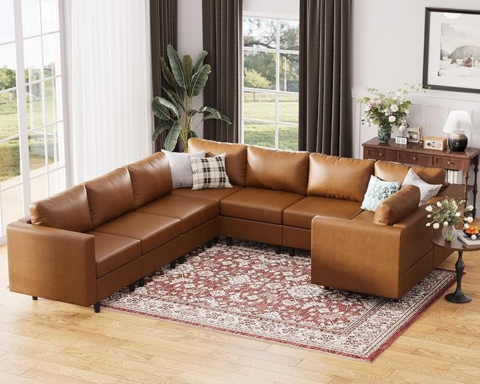 118.5" Faux Leather Modular Sectional Sofa, U Shaped Couch Set for Living Room, Large 8-Seater Comfy Cloud Couches with Storage Seat DIY Combination - Brown-CasaMuseHome