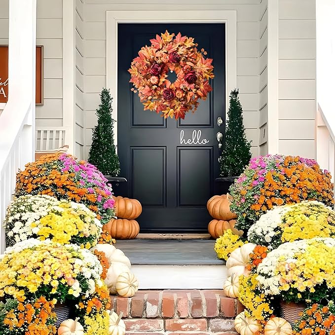 26'' Large Fall Wreath for Front Door, Autumn Wreaths for Outdoor Home Decor - Farmhouse Wreath with Maple Leaves, Pumpkins, Roses, Thanksgiving Decoration, Rustic Harvest Festival Door Hanging-CasaMuseHome