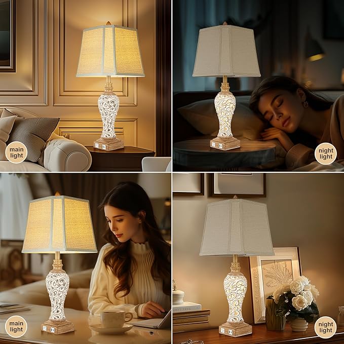 28.5" Rustic Table Lamp Set of 2 For Living Room Farmhouse Lamps for Bedroom, Bedside Lamps with Night Lights And USB C+A Charging Ports for Decor Office Study Hotel (Bulbs Included)-CasaMuseHome