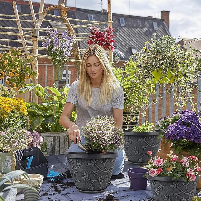 4 Pack 10 Inch Plant Pot for Outdoor Indoor, Plastic Flower Pots with Drainage Hole & Saucer, Lightweight Small Resin Flower Pot, Imitation Magnolia Planter Pots for Garden House（Gray）-CasaMuseHome