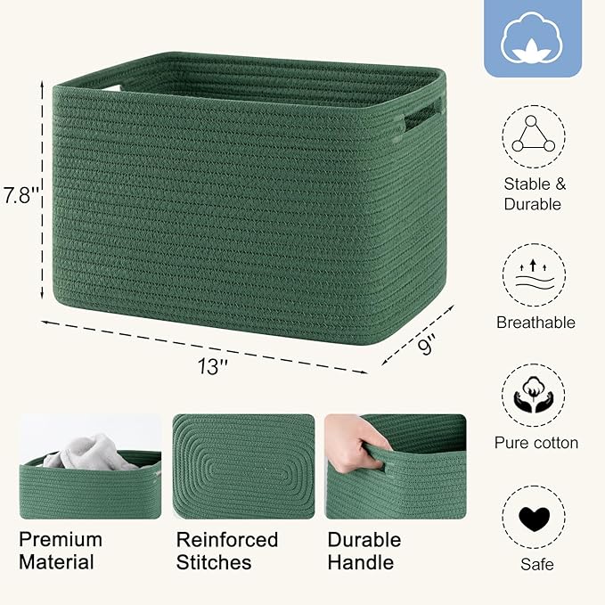 4 Pack Storage Baskets for Organizing, Woven Baskets for Shelves - Perfect for Toys, Books, Towels, and Clothes, Durable Gift Basket Bins Toy Storage, 12.7''L x9''W x7.8''H, Green-CasaMuseHome