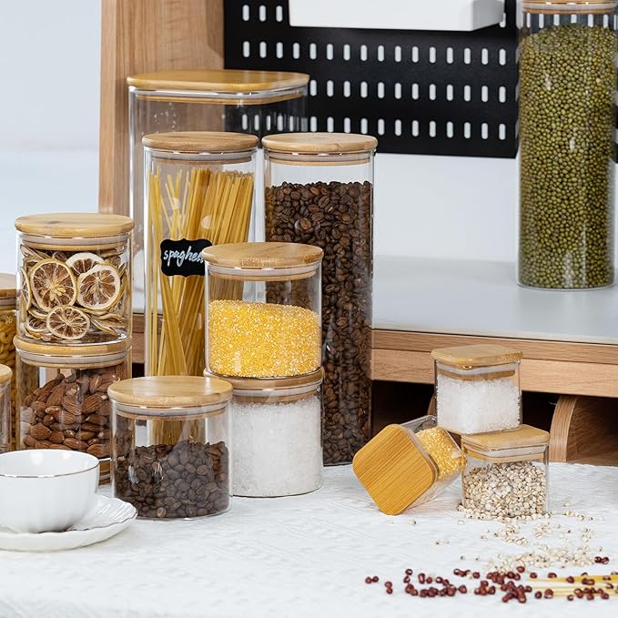 22oz Straight cylindrical Airtight Storage Jars with Bamboo Lid Set of 6 Storage Container Stackable Spice Jar, Kitchen Canister for Sugar, Tea, Cookies and Coffee beans (with Black Lable)-CasaMuseHome