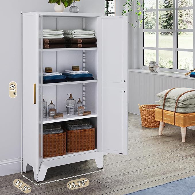 61" Tall Farmhouse Metal Pantry Cabinet, Kitchen Pantry Storage Cabinets with 2 Barn Door and Adjustable Shelves,Metal Pantry Storage Cabinet,for Kitchen,Laundry Room,Home Office,Kids Room (White)-CasaMuseHome