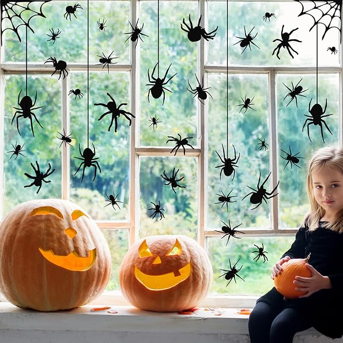 4 Sheets Spider Window Clings - Double-Sided Removable Glass Decals, Halloween Themed Window Stickers for Kids Party Decorations-CasaMuseHome