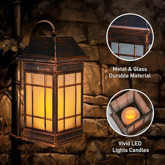 14" Solar Lantern Outdoor Waterproof, Glass Flickering Flame Solar Lanterns, Hanging Metal Lantern Decorative for Patio Front Porch Garden Backyard Tabletop Party Decoration-CasaMuseHome