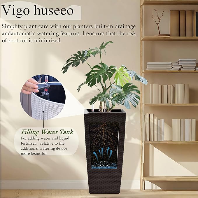 2Pcs 23in High Large Plant Pots Planter-Self-Watering,Modern Planter with Drain Holes,Water Level Monitor,Inner Bucket for Indoor/Outdoor Front Porch Patio,Brown Rattan-CasaMuseHome