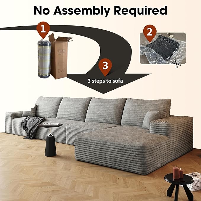 136" Sectional Couches for Living Room Modern Modular Sofa with L-Shape Couchs Upholstered Boneless Couch Deep Seat Sectional Couch with Chaise (Grey, Right Facing Chaise+3Seaters)-CasaMuseHome