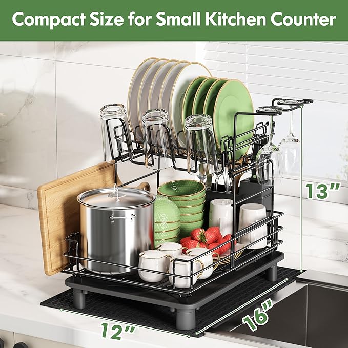 2 Tier Black Large Stainless Steel Dish Drainers Drying Rack for Kitchen Counter with Drainboard, Rust Proof Metal, Space Saving, Modern Aesthetic, Compact Plates Strainers with Extra Mat-CasaMuseHome