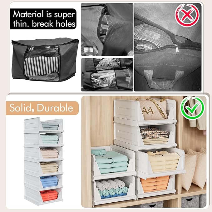 6 Pack Stackable Closet Storage Basket - Stackable Storage Bins, Multifunctional & Foldable Closet Organizer, Wardrobe Storage Space-Saving Clothes Storage Drawer Organizer, White-CasaMuseHome
