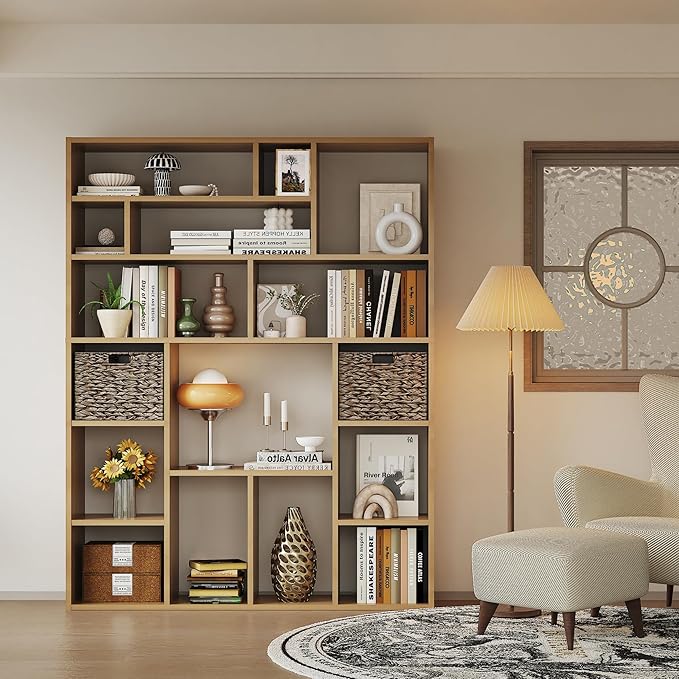 71" Tall 6-Tier Heavy Duty Bookcase with 2 Foldable Storage Baskets, 55" Wide Open Bookshelf with 16 Irregular Cubes for Living Room, Office （Yellow）-CasaMuseHome