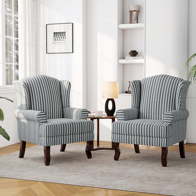 Accent Chair, High Back Upholstered Armchair with High Resilience Sponge & Wood Legs, Mid-Century Modern Comfy Single Sofa Reading Chairs for Living Room, Bedroom (Stripe Grey, Set of 2)-CasaMuseHome
