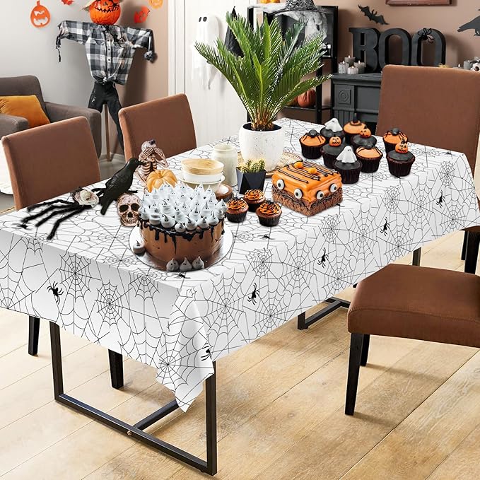 2 Pcs Halloween Tablecloth - Plastic Halloweens Spider Webs Table Cloth, White Disposable Rectangle Spiderweb Table Cover for Halloween Party Decorations Supplies Favors Tables Decor, 108 x 54 Inch-CasaMuseHome