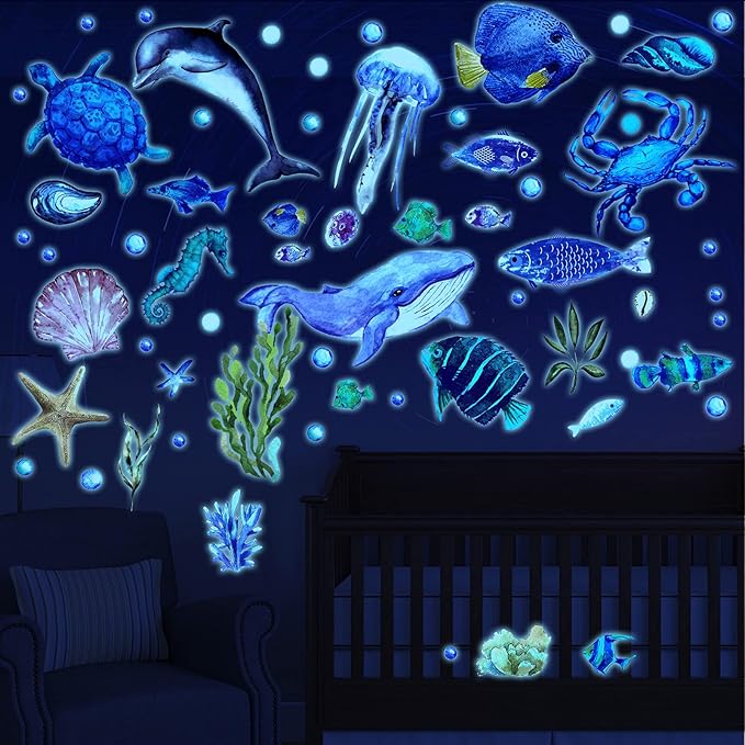 52 Pcs Ocean Fish Wall Decals Glow in The Dark Under The Sea Wall Decals Sea Animals Stickers Removable Waterproof Peel and Stick for Kids Bathroom Watercolor Ocean Decor(Cute Style)-CasaMuseHome
